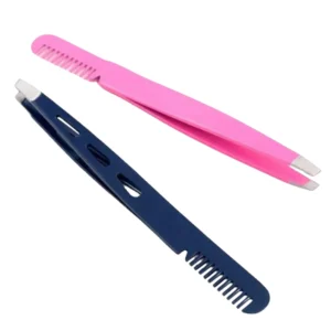 Dual End 2-in-1 Anti-static Reusable Professional Stainless Steel Slant Tip Eyebrow Tweezers with Comb for Hair Removal Trimming