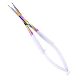 White Color Stainless Steel Russian Manicure Eyelash Eyebrow Double Action Straight Curved Blade Spring Scissors