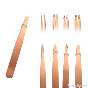 Private Label Wholesale Gold Slanted Tip Stainless Steel Eyebrow Tweezers Set for Splinter Ingrown Hair Removal with Custom Logo