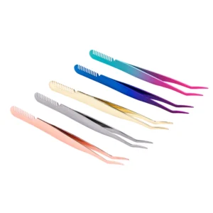 Professional Customized Logo Black Curved Tip Eyebrow Fake Eyelash Tweezers Comb Stainless Steel Comfortable Handle for Salon