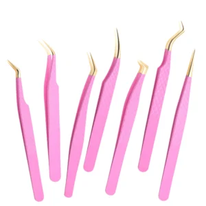 High Precision Makeup False Eyelash Tool Tweezer Stainless Steel Mesh Pink Fiber Tip Grafted Eyelash Extension Tweezers