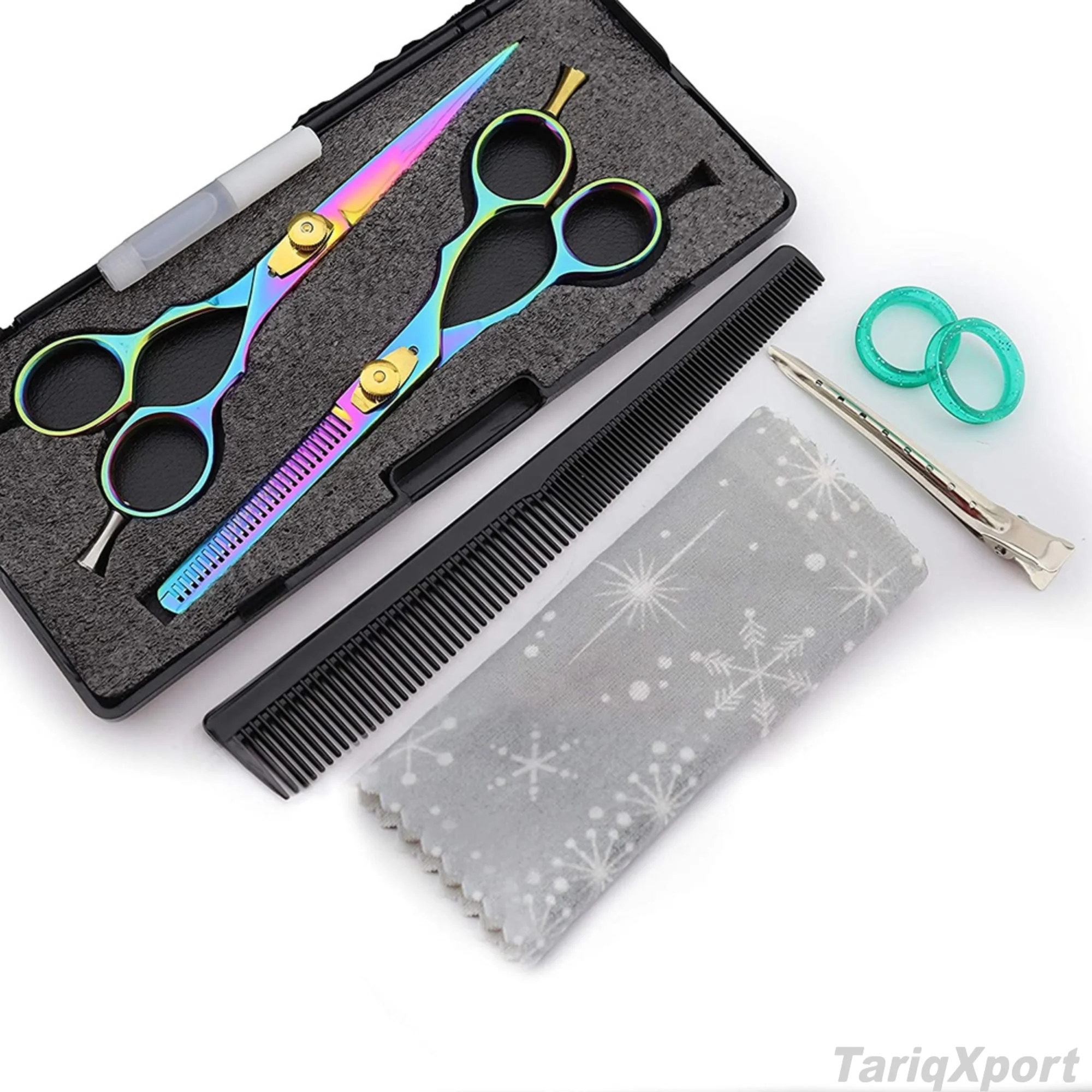 Professional Rainbow Color Hairdressing Salon Barber Kit Comb Clip Stainless Steel Razor Long Handle Right-Handed Scissors - Image 3