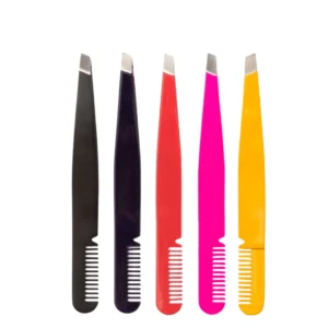 Wholesale High Quality Eco-friendly Stainless Steel Slanted Tip Eyebrow Comb Tweezers Custom Logo for Eyelash Trimming Eyebrow