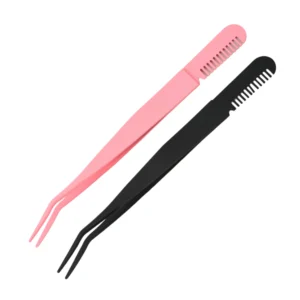 Wholesale Customized Personal Care Black Slanted Eyebrow Stainless Steel Fake Eyelash Tweezers with Comb Beauty Instruments